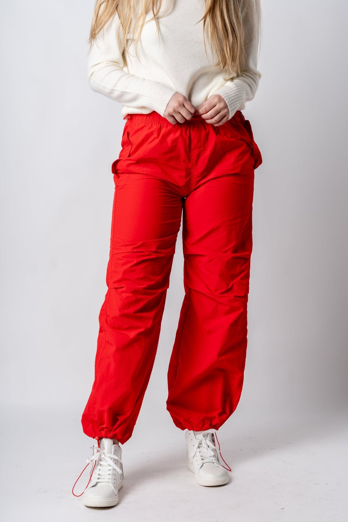Ruched cargo pants tomato red - Trendy Holiday Apparel at Lush Fashion Lounge Boutique in Oklahoma City