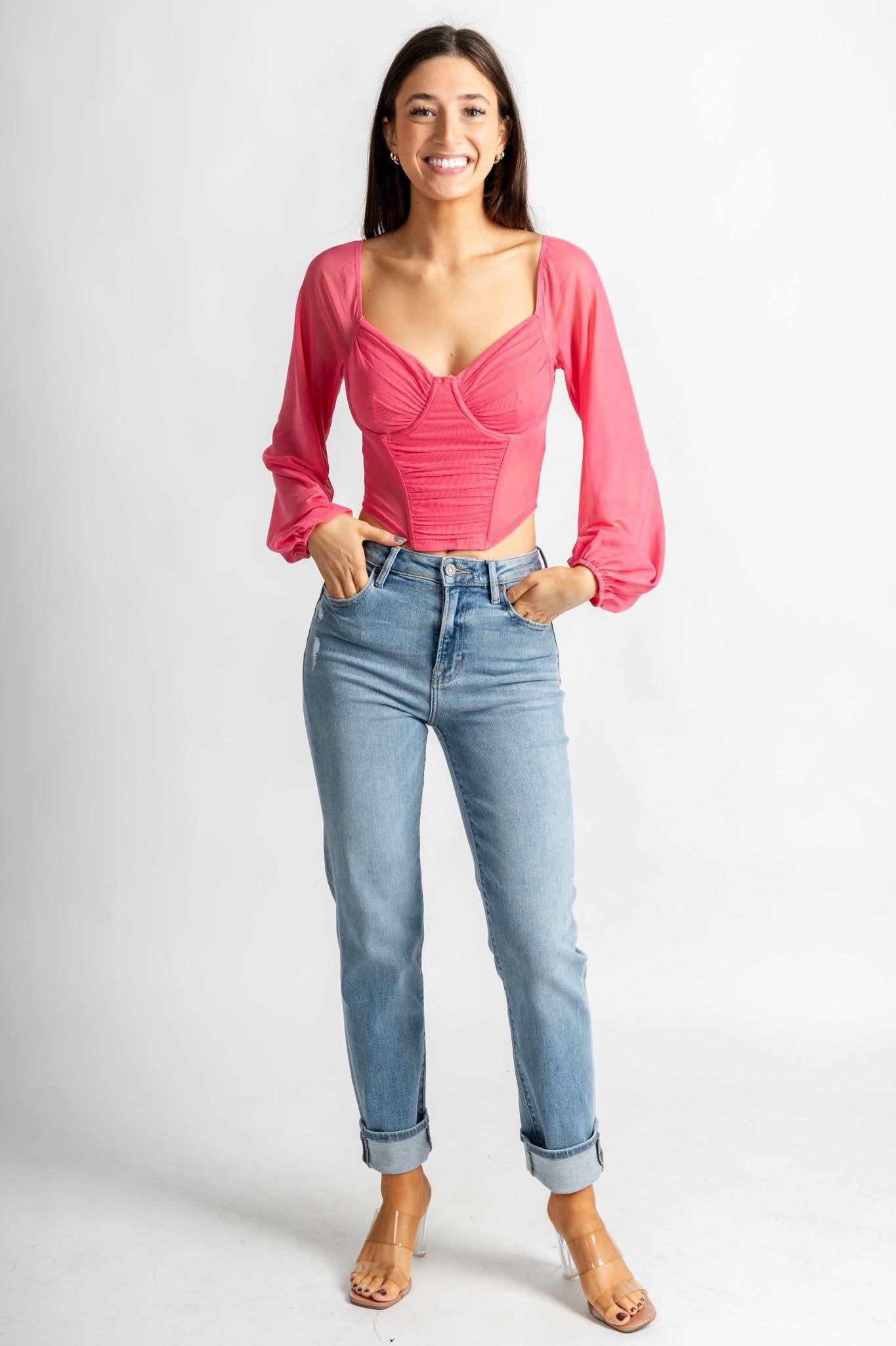 Lace mesh corset long sleeve top pink - Trendy Valentine's T-Shirts at Lush Fashion Lounge Boutique in Oklahoma City