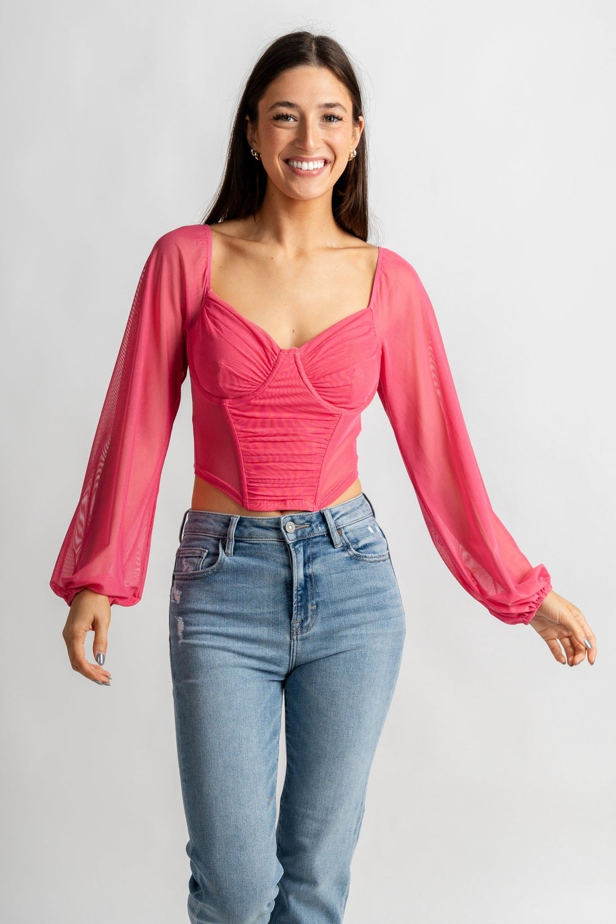 Lace mesh corset long sleeve top pink - Trendy T-Shirts for Valentine's Day at Lush Fashion Lounge Boutique in Oklahoma City
