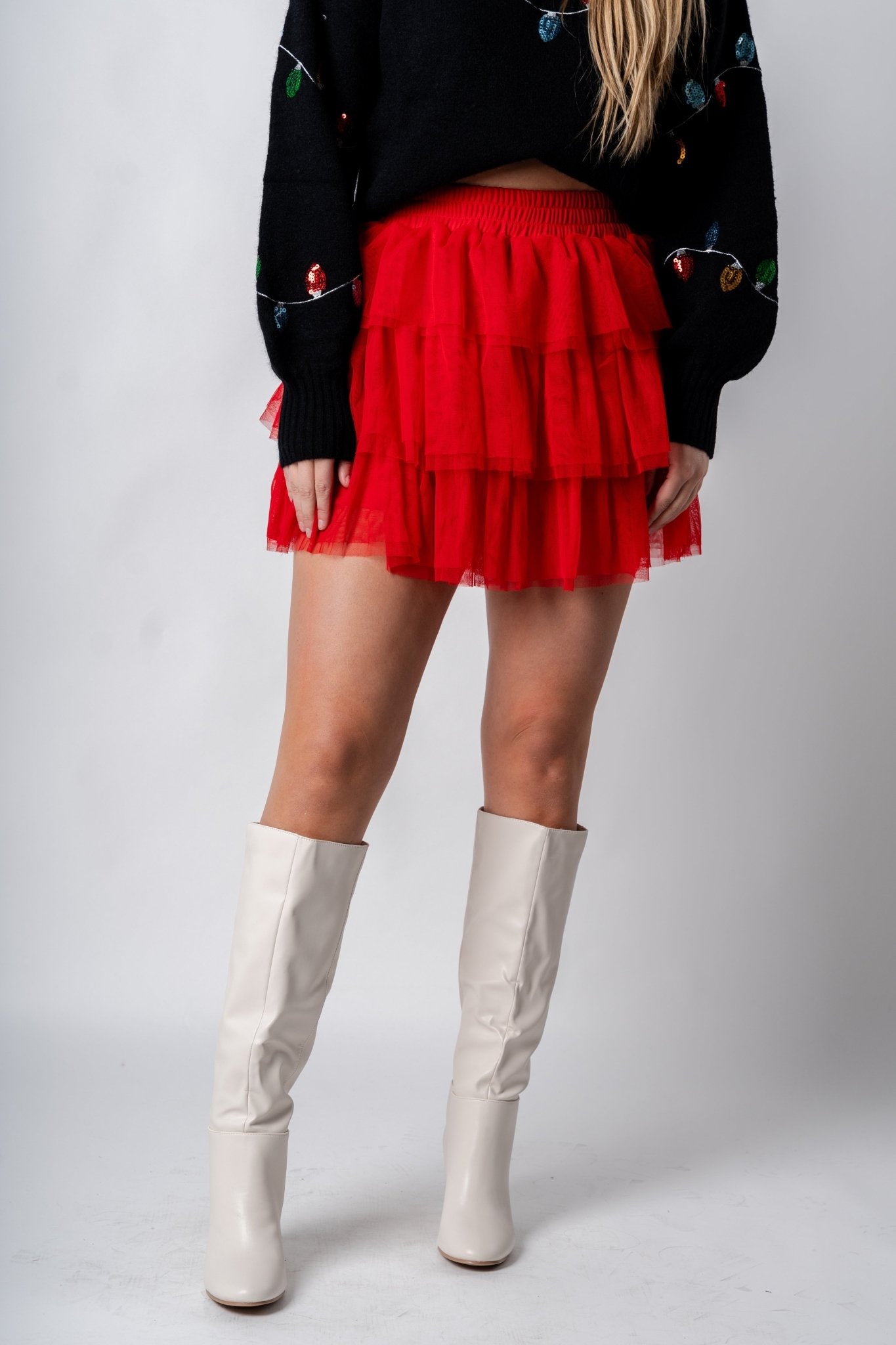 Tiered ruffle mini skirt red | Lush Fashion Lounge: boutique fashion skirts, affordable boutique skirts, cute affordable skirts