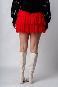 Tiered ruffle mini skirt red | Lush Fashion Lounge: boutique fashion skirts, affordable boutique skirts, cute affordable skirts