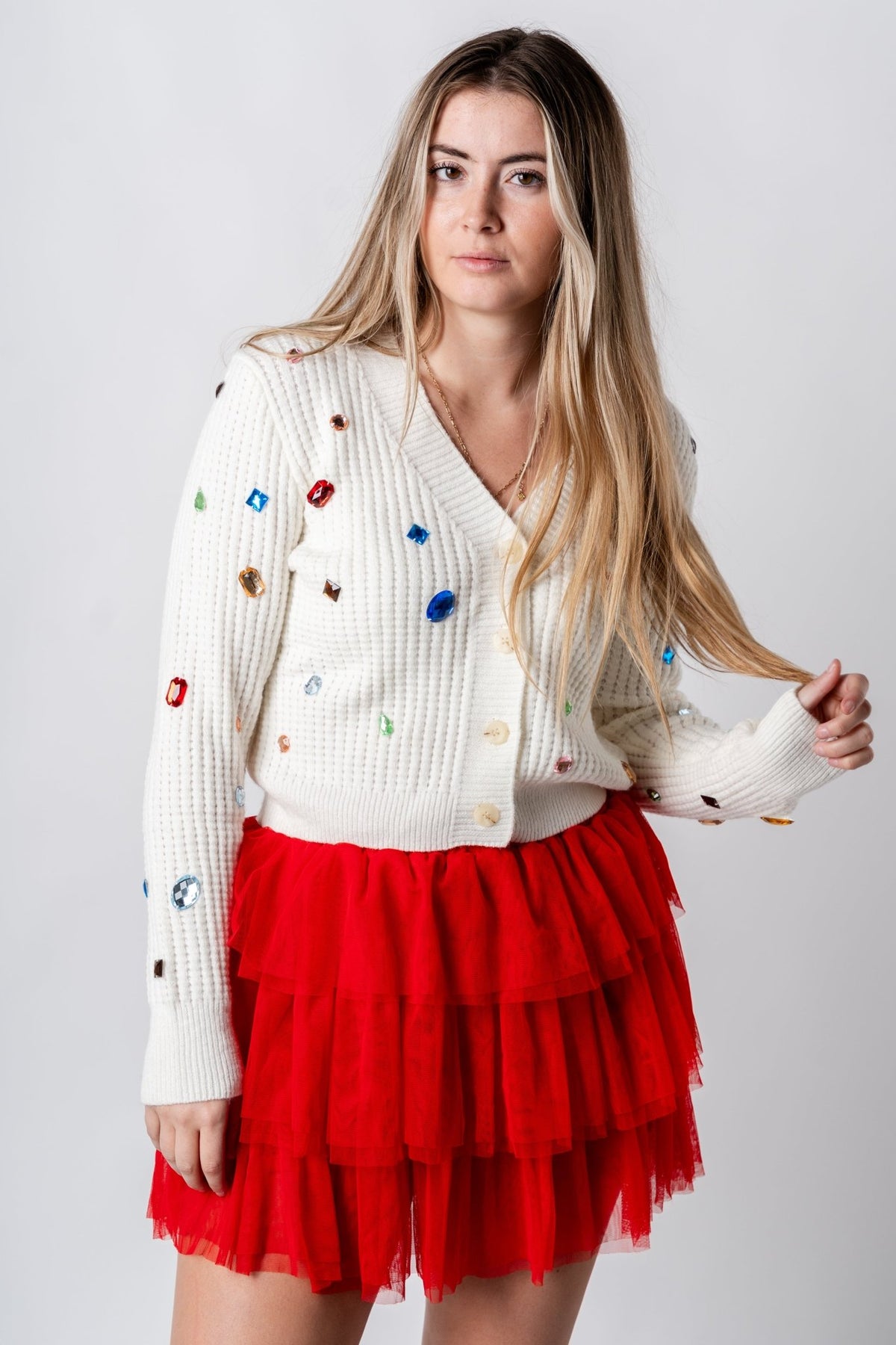 Jewel detail sweater cardigan ivory - Trendy Holiday Apparel at Lush Fashion Lounge Boutique in Oklahoma City