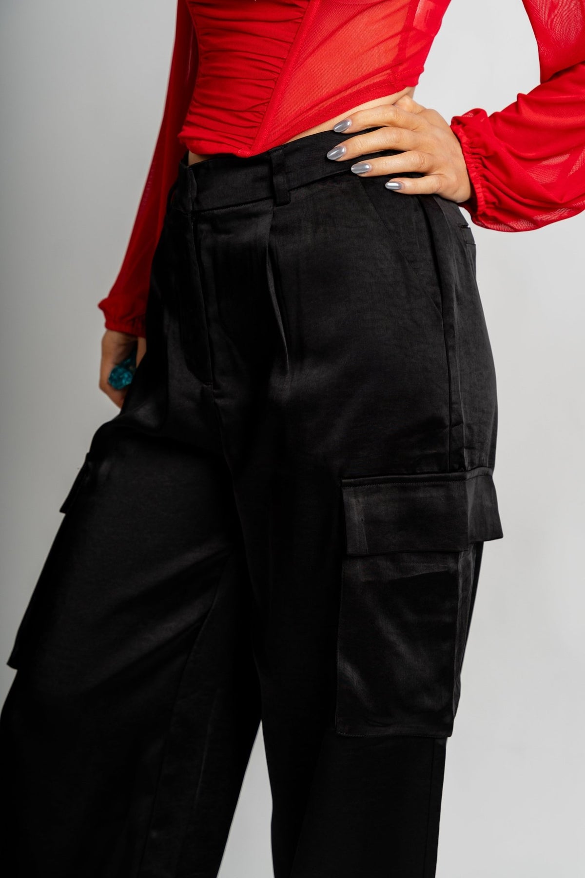 Myra satin cargo pants black - Trendy T-Shirts for Valentine's Day at Lush Fashion Lounge Boutique in Oklahoma City