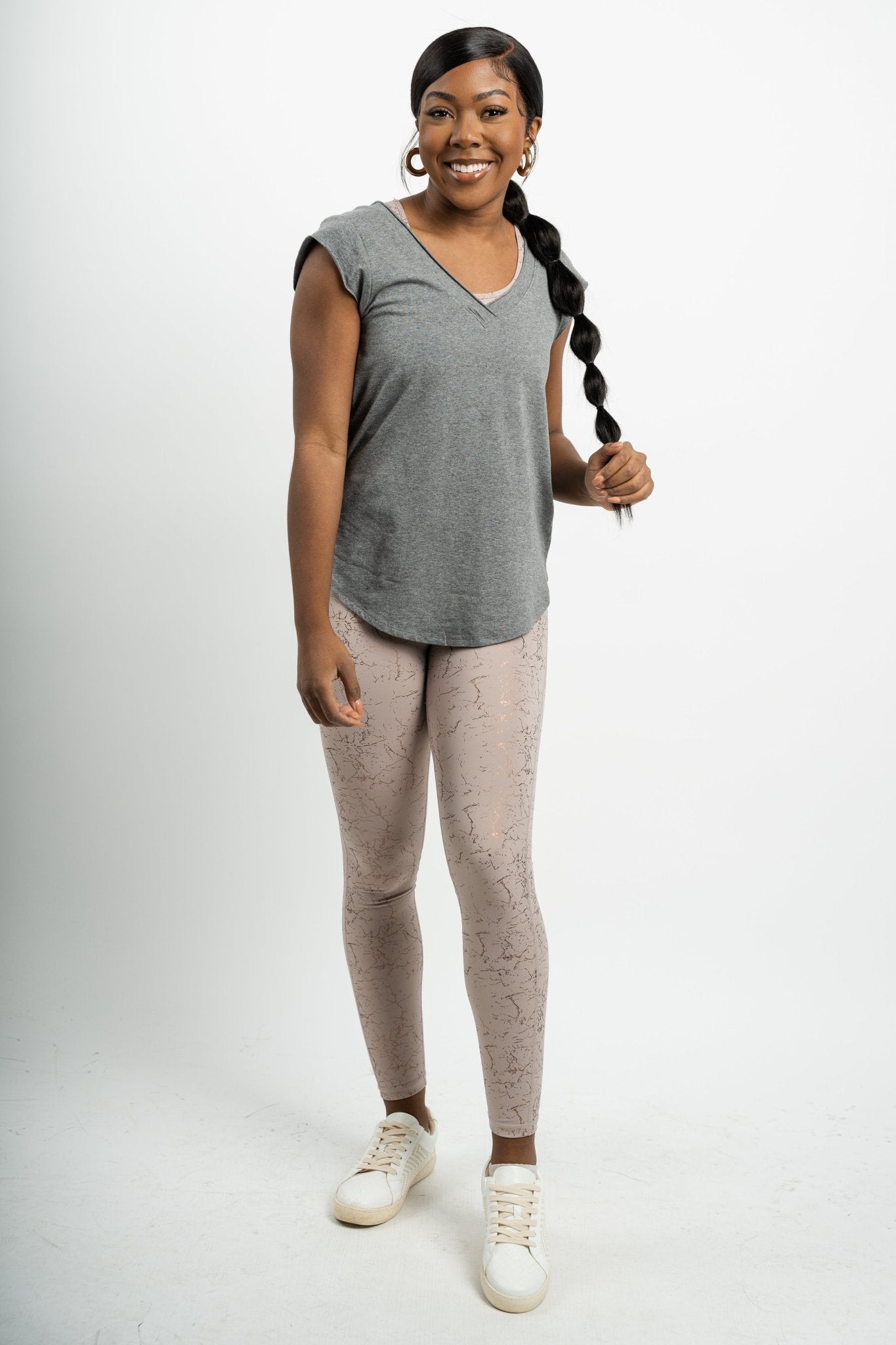 V tee with curved hem heather grey Stylish tops - Trendy Leggings & Sports Bras at Lush Fashion Lounge Boutique in Oklahoma City