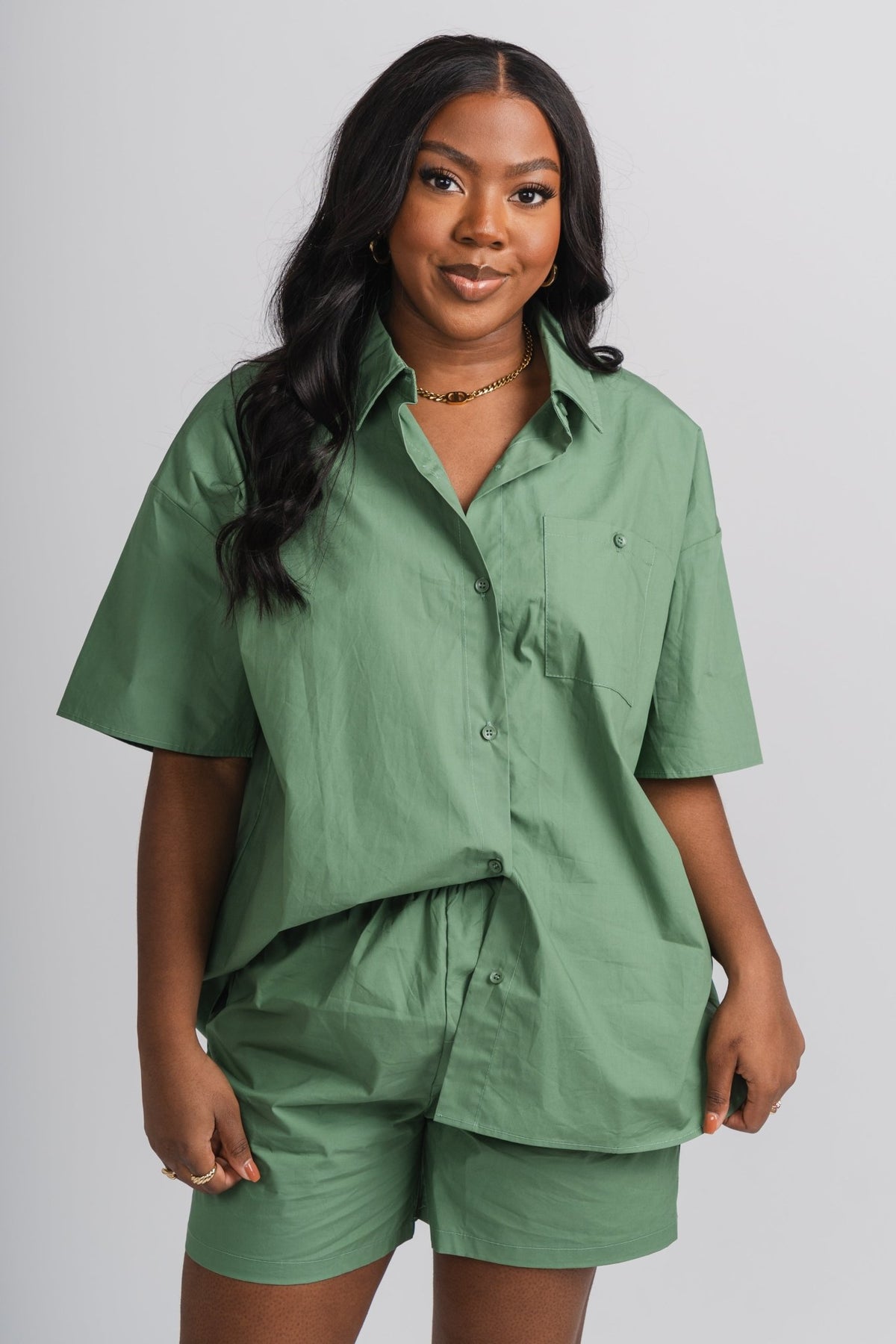 Oversized short sleeve button up top green - Trendy Top - Cute Loungewear Collection at Lush Fashion Lounge Boutique in Oklahoma City