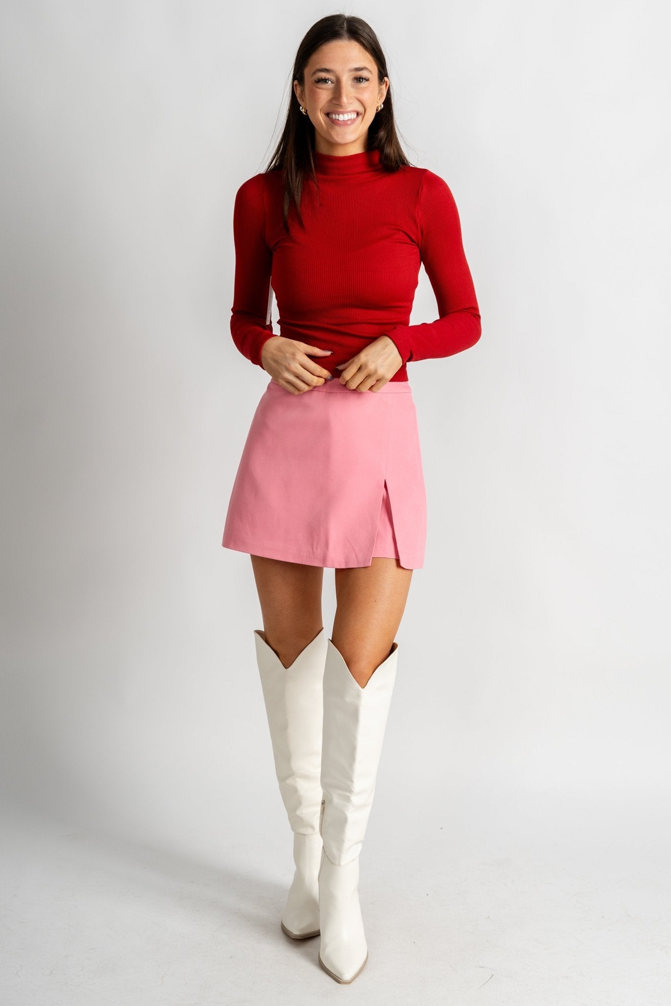 High waist skort with slit pink - Unique Valentine's Day T-Shirt Designs at Lush Fashion Lounge Boutique in Oklahoma City