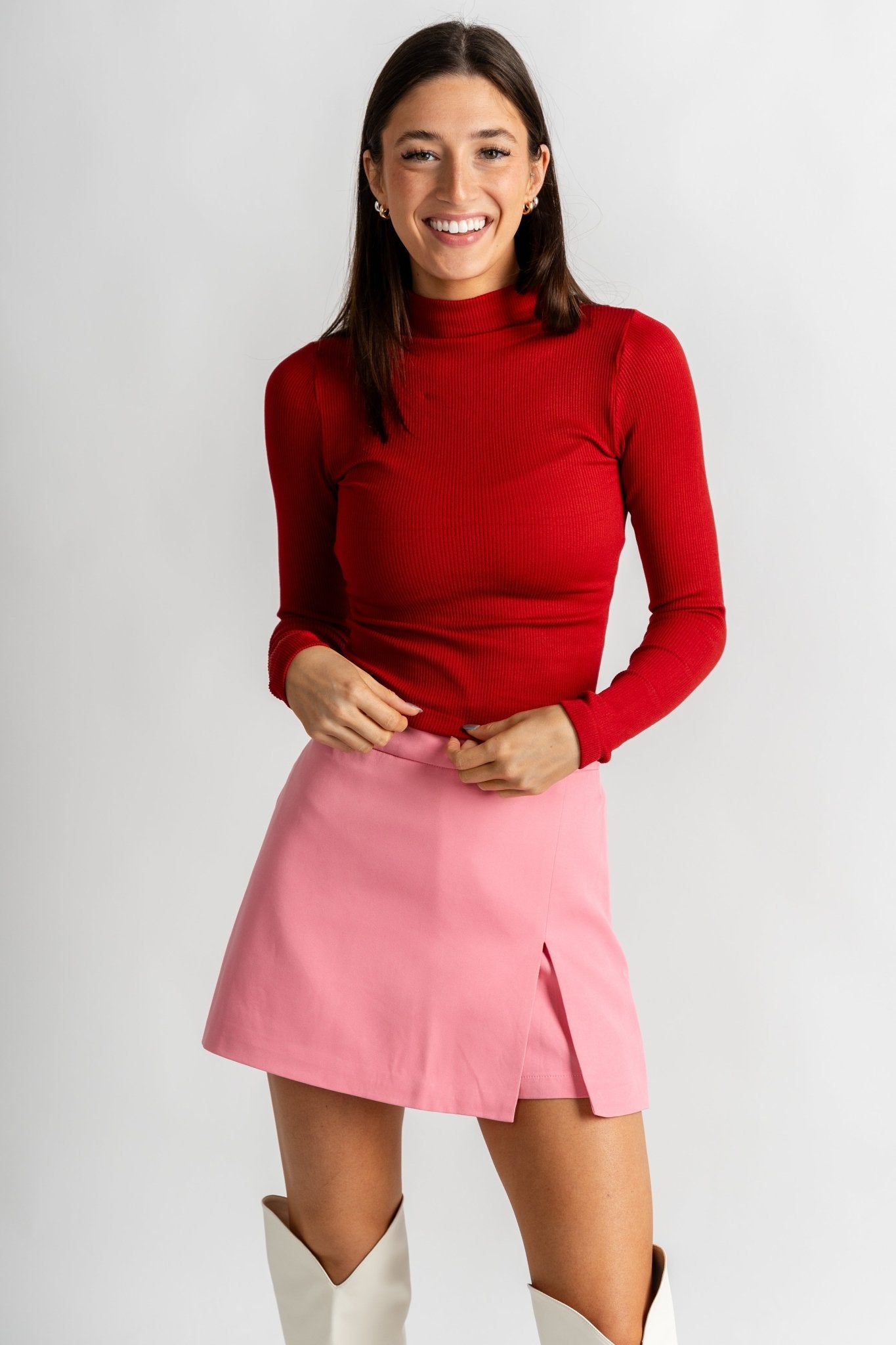 High waist skort with slit pink - Cute Valentine's Day Outfits at Lush Fashion Lounge Boutique in Oklahoma City