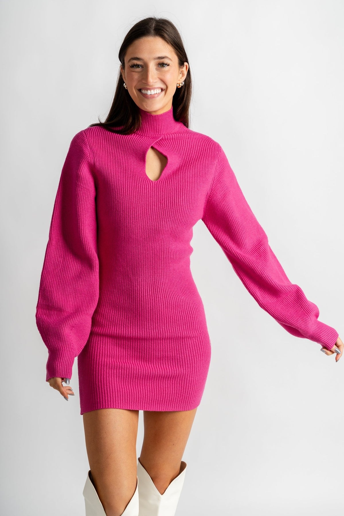 High neck mini dress magenta pink - Trendy T-Shirts for Valentine's Day at Lush Fashion Lounge Boutique in Oklahoma City