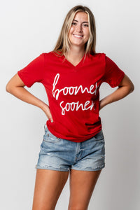 OU OU Boomer Sooner Barcelony v-neck t-shirt cardinal t-shirt | Lush Fashion Lounge Trendy Oklahoma University Sooners Apparel & Cute Gameday T-Shirts