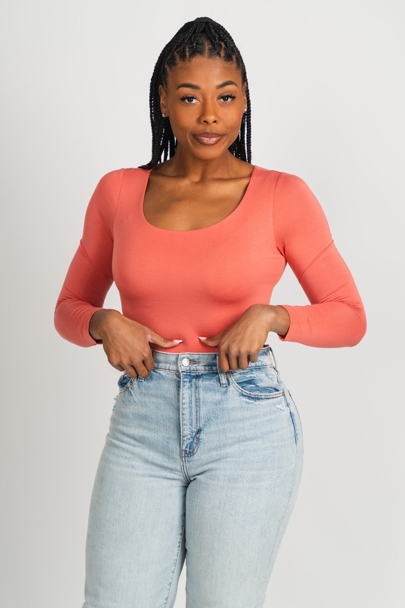 Long sleeve round neck bodysuit spice coral - Affordable bodysuit - Boutique Bodysuits at Lush Fashion Lounge Boutique in Oklahoma City