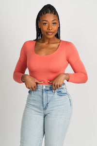 Long sleeve round neck bodysuit spice coral - Affordable bodysuit - Boutique Bodysuits at Lush Fashion Lounge Boutique in Oklahoma City