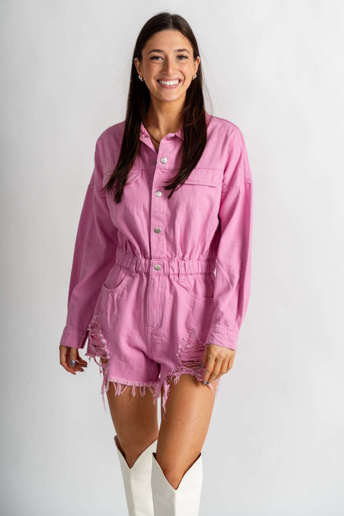 Distressed long sleeve denim romper rose bloom - Trendy T-Shirts for Valentine's Day at Lush Fashion Lounge Boutique in Oklahoma City