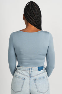Long sleeve round neck bodysuit ash blue Stylish bodysuit - Womens Fashion Bodysuits at Lush Fashion Lounge Boutique in Oklahoma City