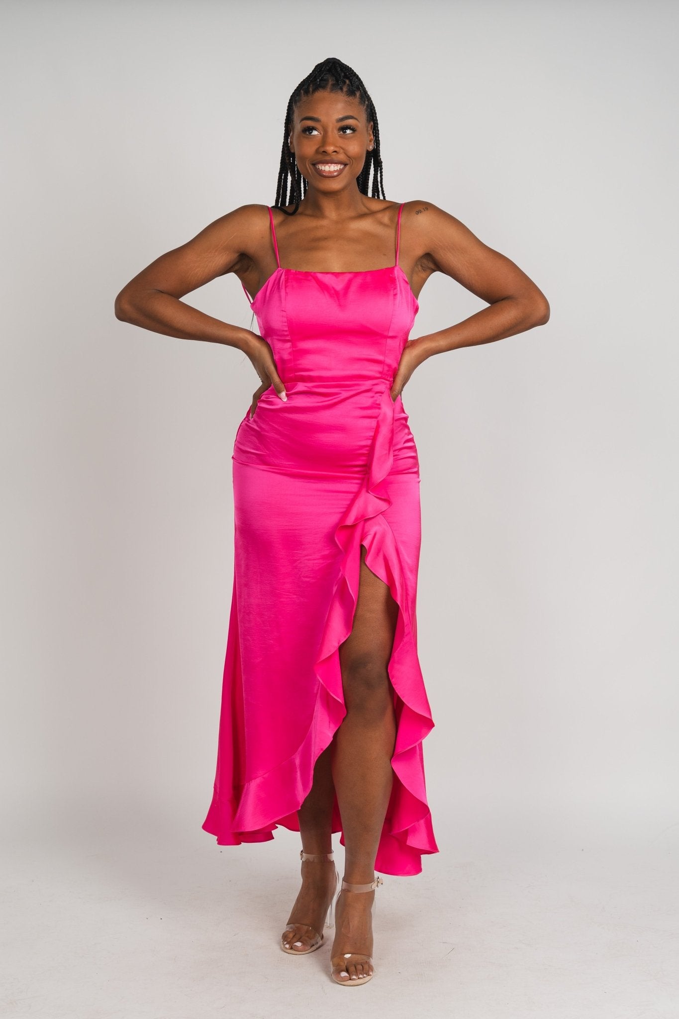 Satin ruffle wrap maxi dress pink - Affordable dress - Boutique Dresses at Lush Fashion Lounge Boutique in Oklahoma City