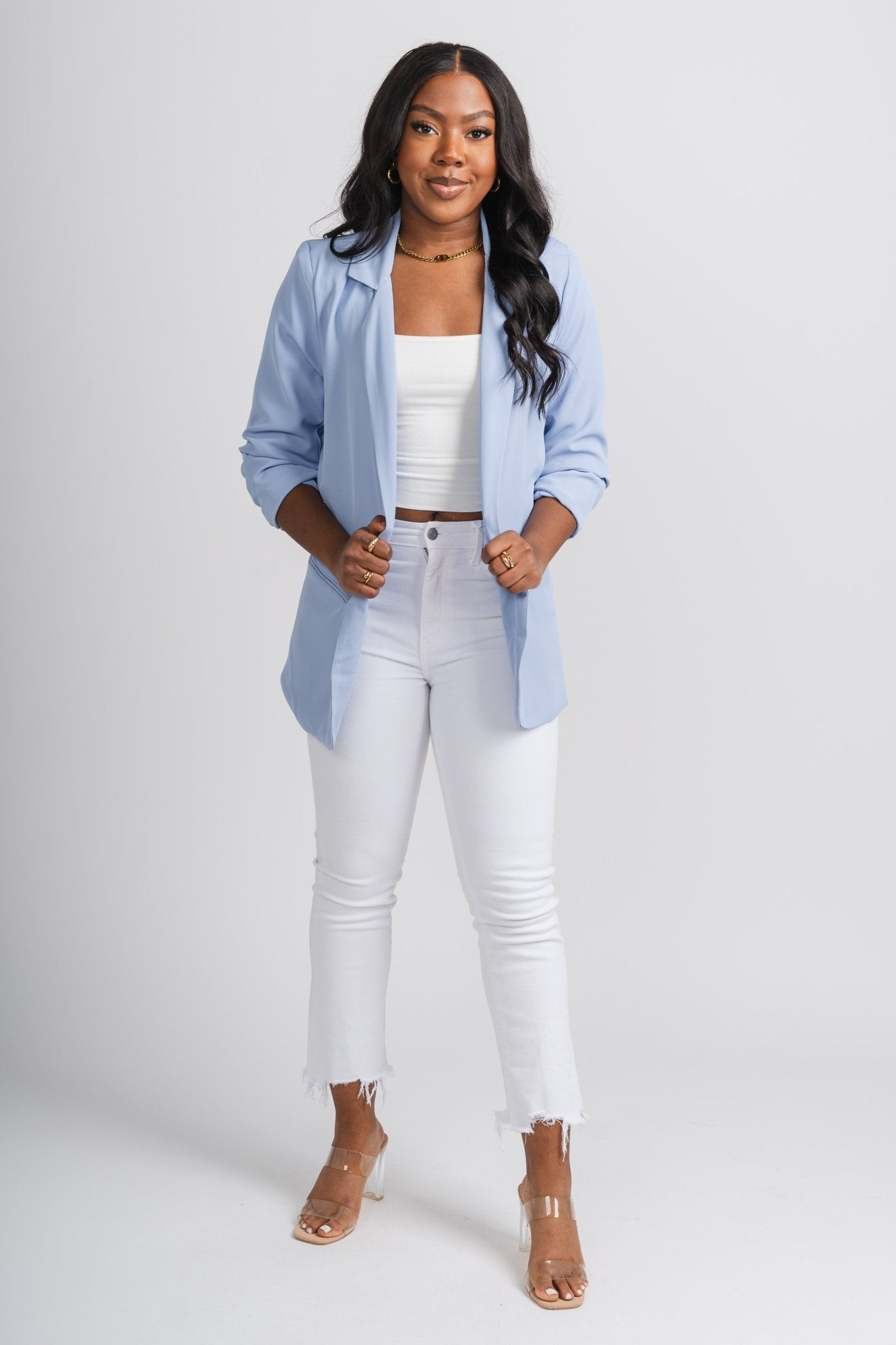 Ruched sleeve blazer blue - Cute Blazer - Trendy Easter Clothing Line at Lush Fashion Lounge Boutique in Oklahoma