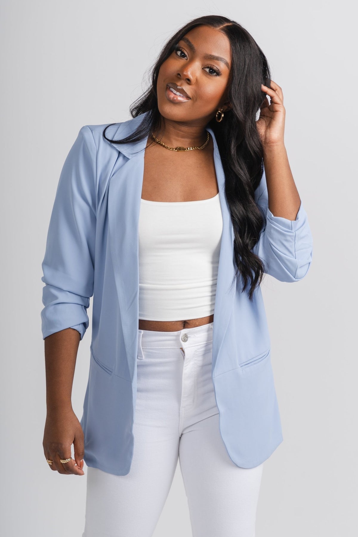 Ruched sleeve blazer blue - Stylish Blazer - Cute Easter Outfits at Lush Fashion Lounge Boutique in Oklahoma
