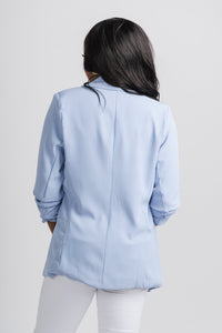Ruched sleeve blazer blue - Trendy Blazer - Fun Easter Looks at Lush Fashion Lounge Boutique in Oklahoma