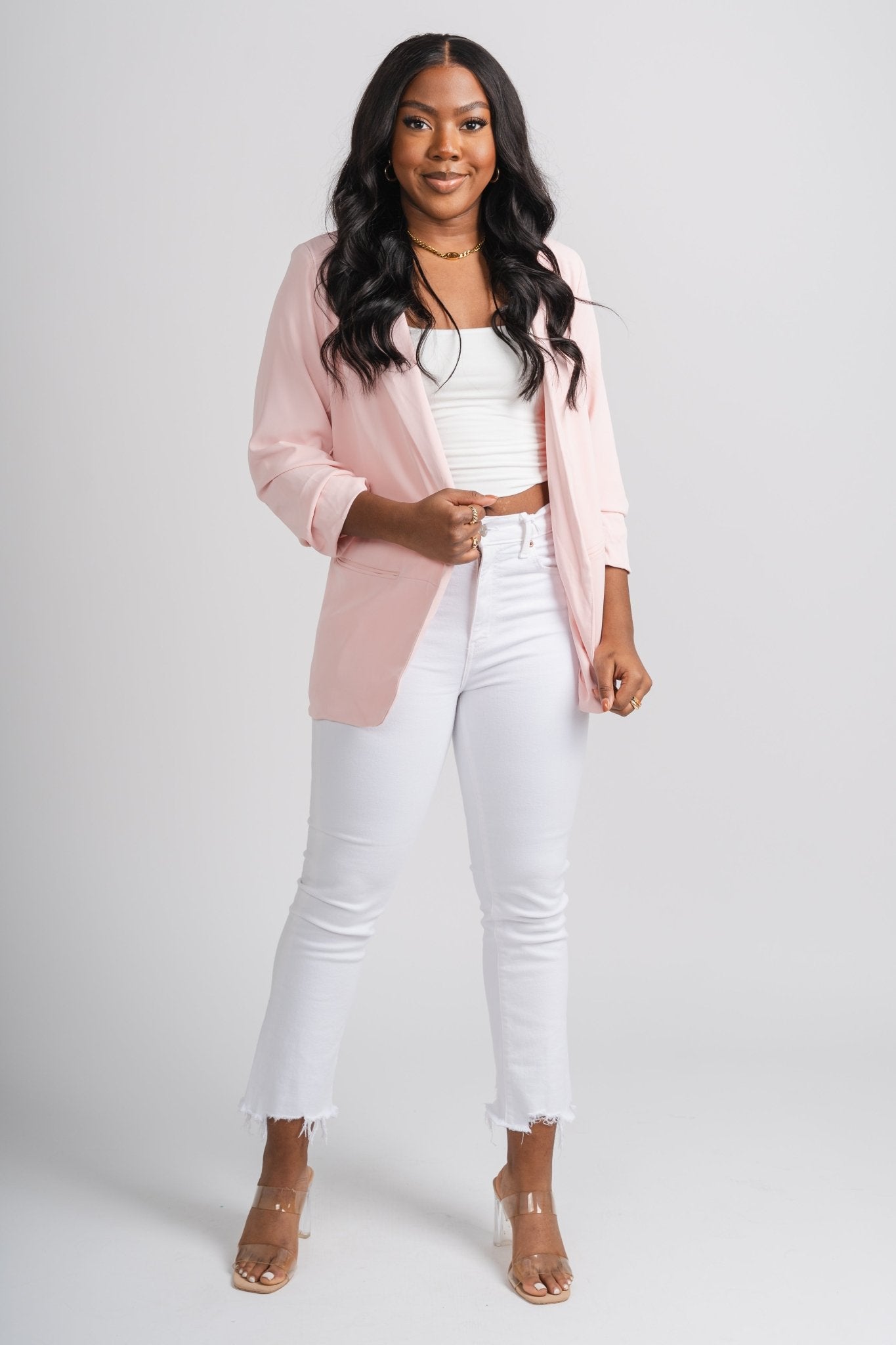 Ruched sleeve blazer blush - Cute Blazer - Trendy Easter Clothing Line at Lush Fashion Lounge Boutique in Oklahoma