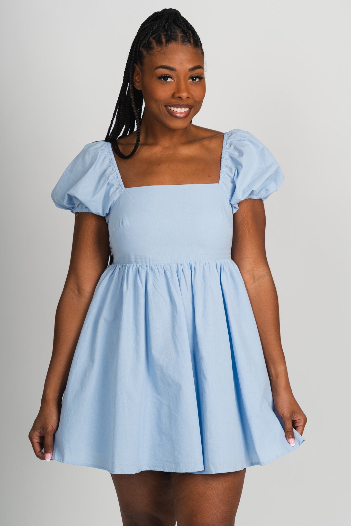 Puff sleeve babydoll dress light blue - Affordable dress - Boutique Dresses at Lush Fashion Lounge Boutique in Oklahoma City