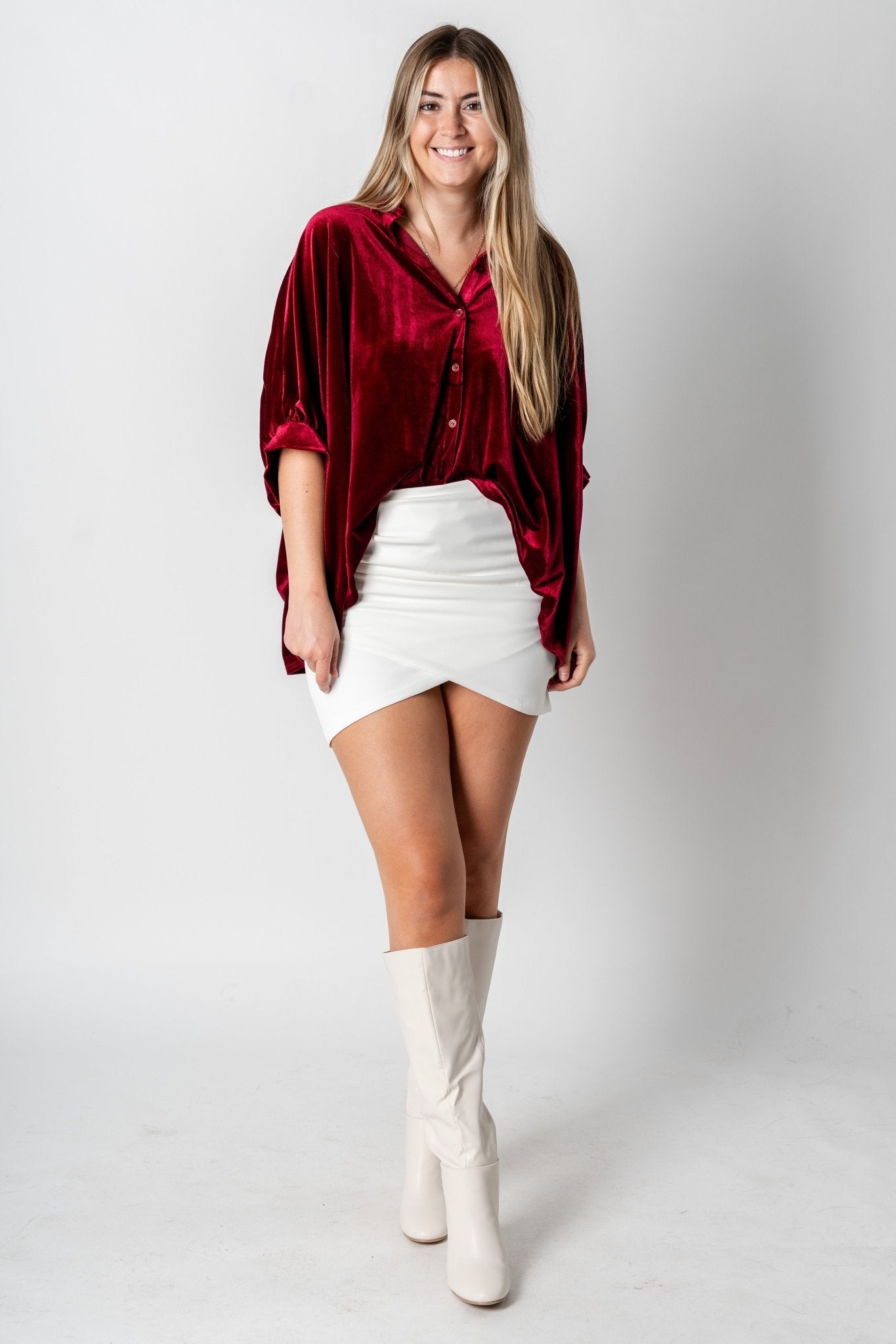 Velvet oversized button up top burgundy - Exclusive Collection of Holiday Inspired T-Shirts and Hoodies at Lush Fashion Lounge Boutique in Oklahoma City