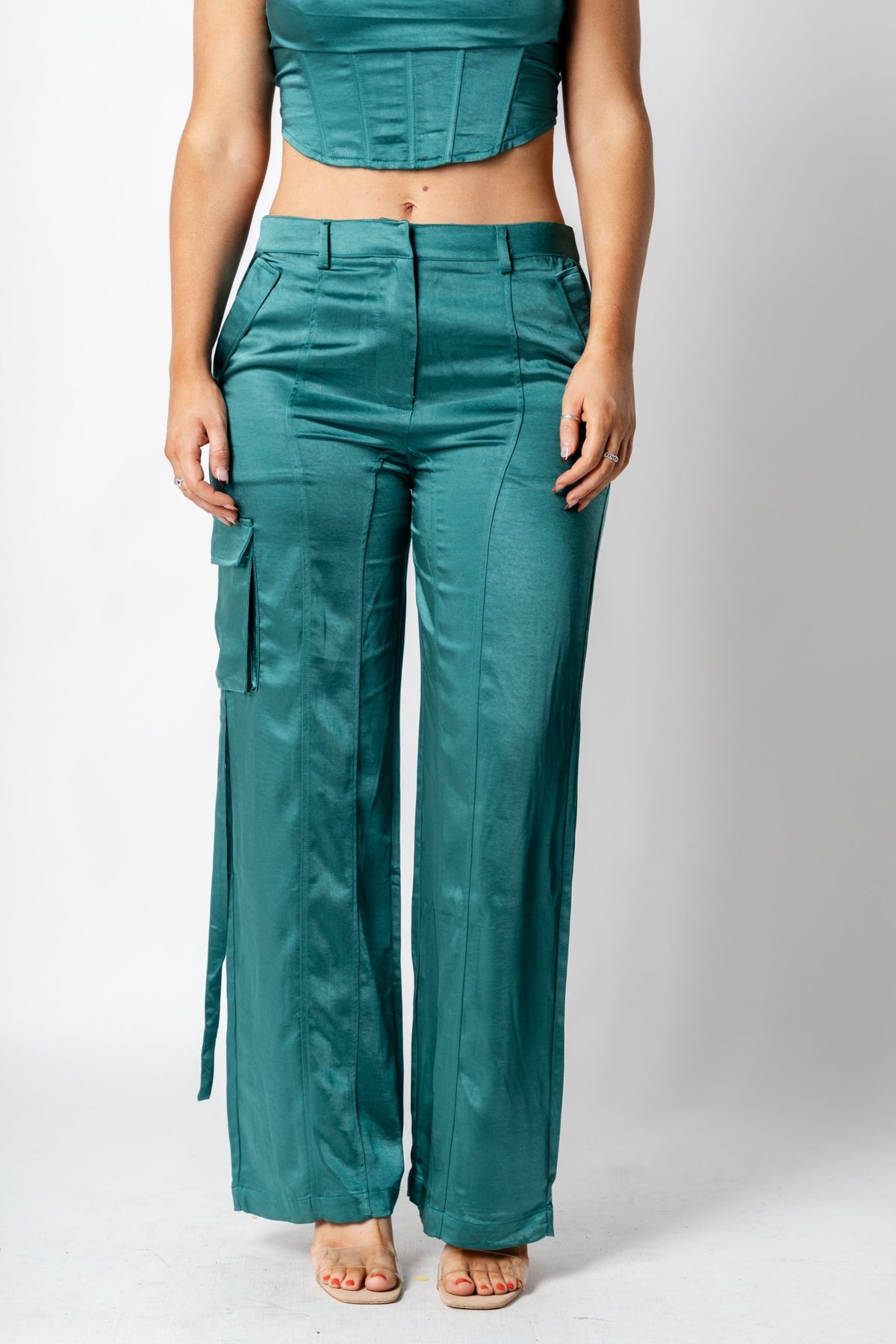 Satin wide leg cargo pants forest green - Trendy Holiday Apparel at Lush Fashion Lounge Boutique in Oklahoma City