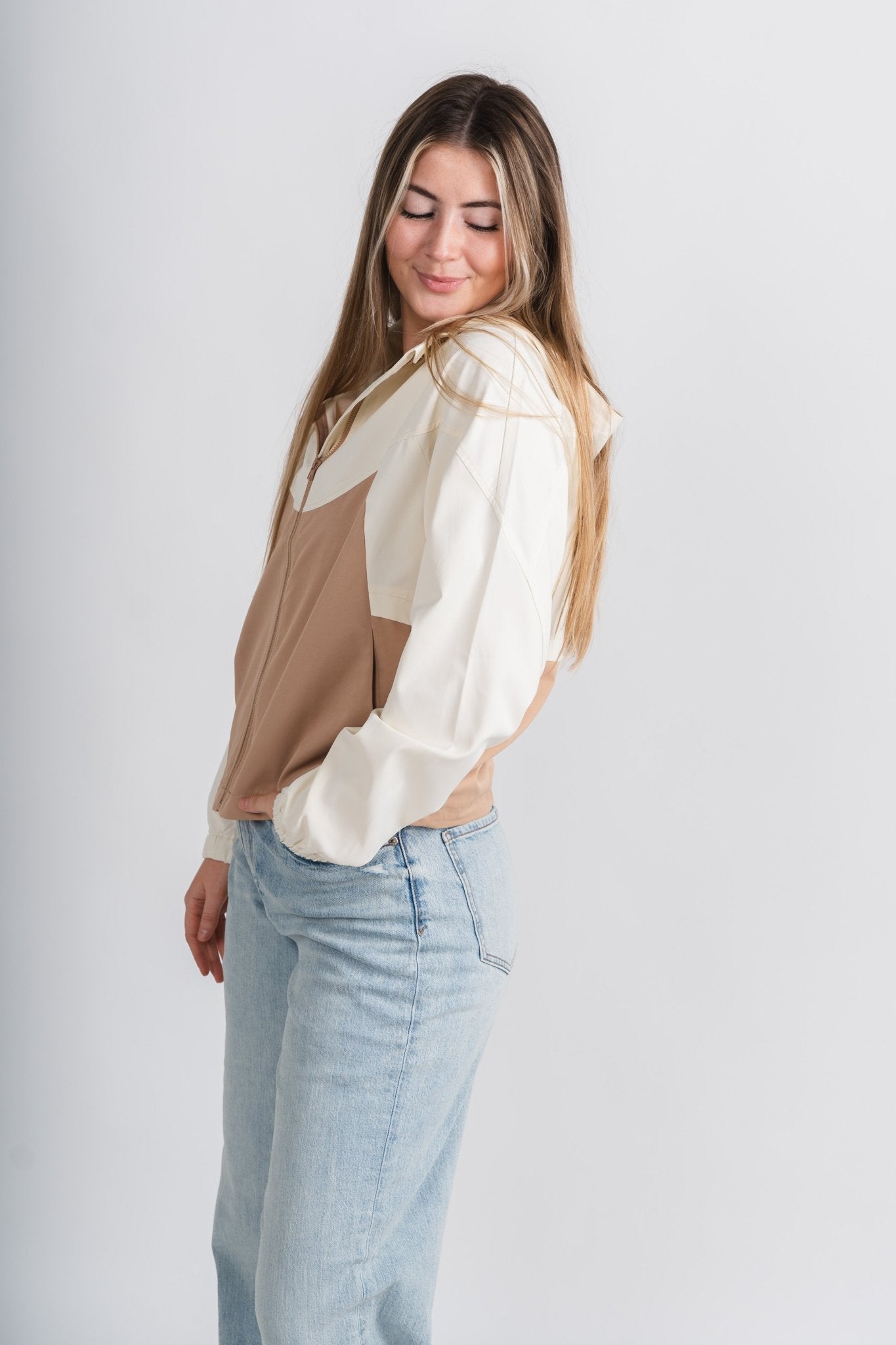 Color block zip jacket vanilla/mocha – Unique Blazers | Cute Blazers For Women at Lush Fashion Lounge Boutique in Oklahoma City