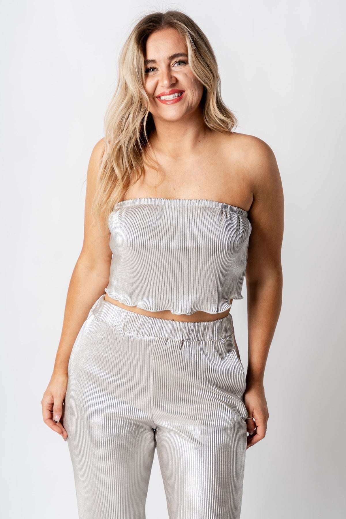 Pleated shimmer strapless top taupe/silver - Trendy Holiday Apparel at Lush Fashion Lounge Boutique in Oklahoma City