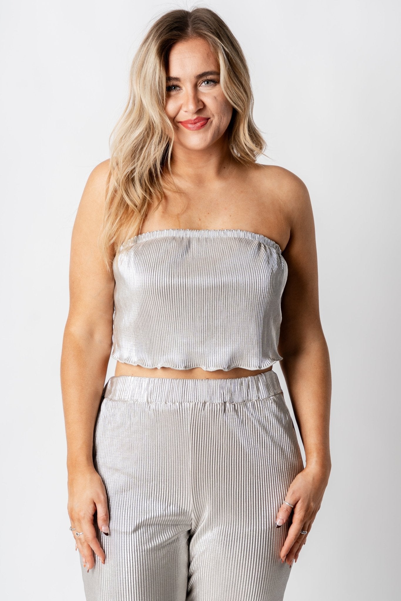 Pleated shimmer strapless top taupe/silver