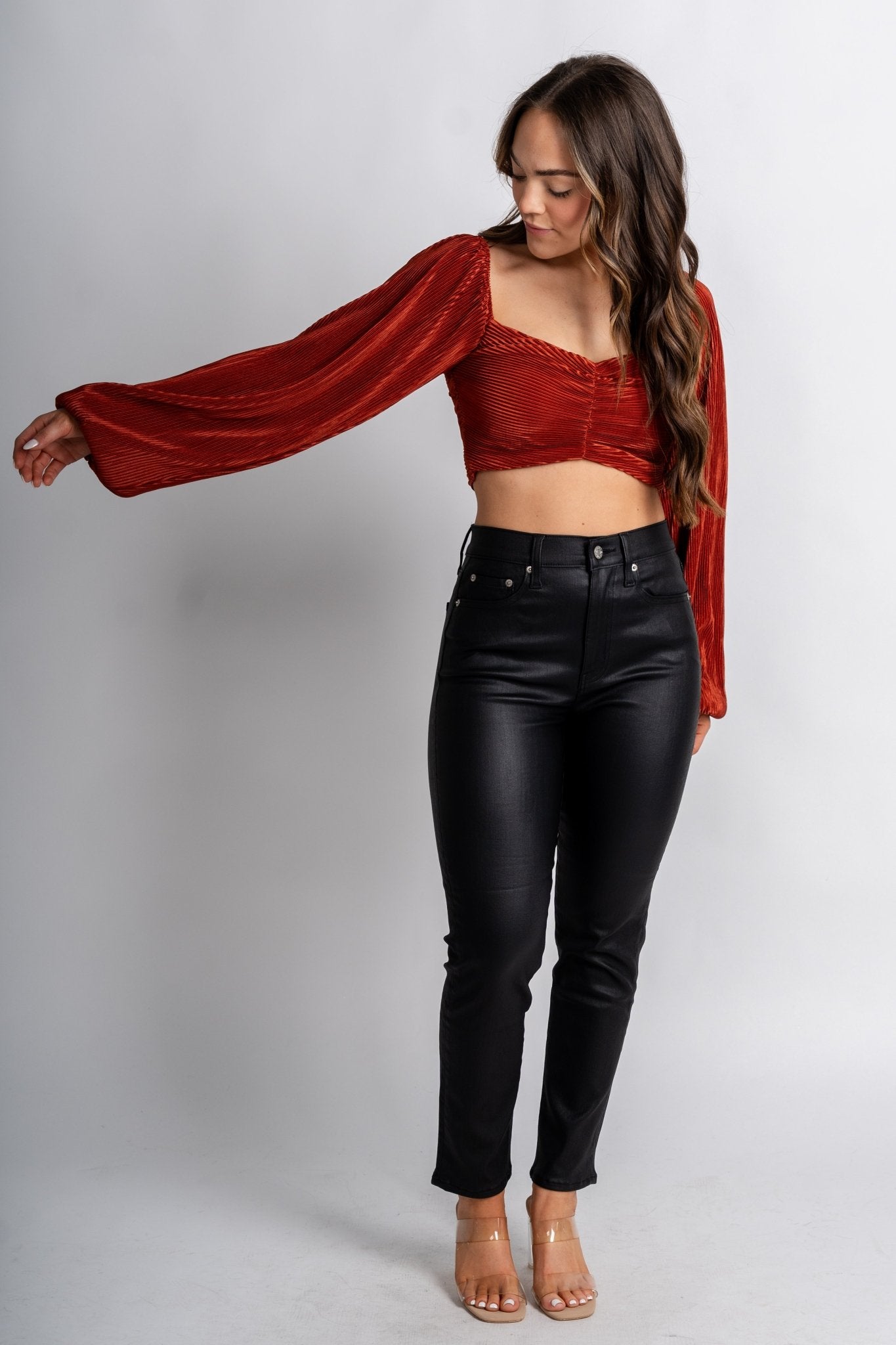 Pleated gathered long sleeve crop top spice