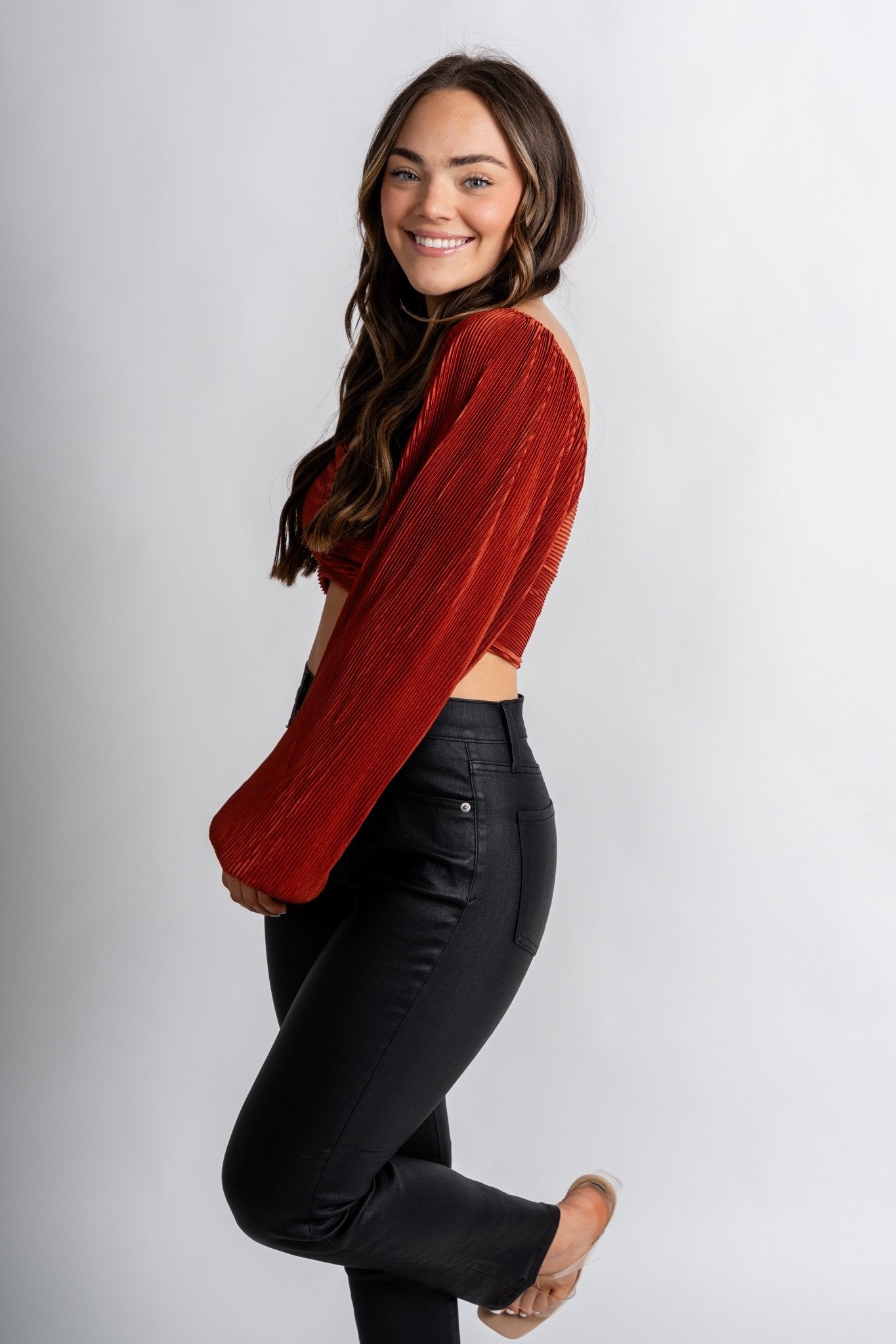 Pleated gathered long sleeve crop top spice