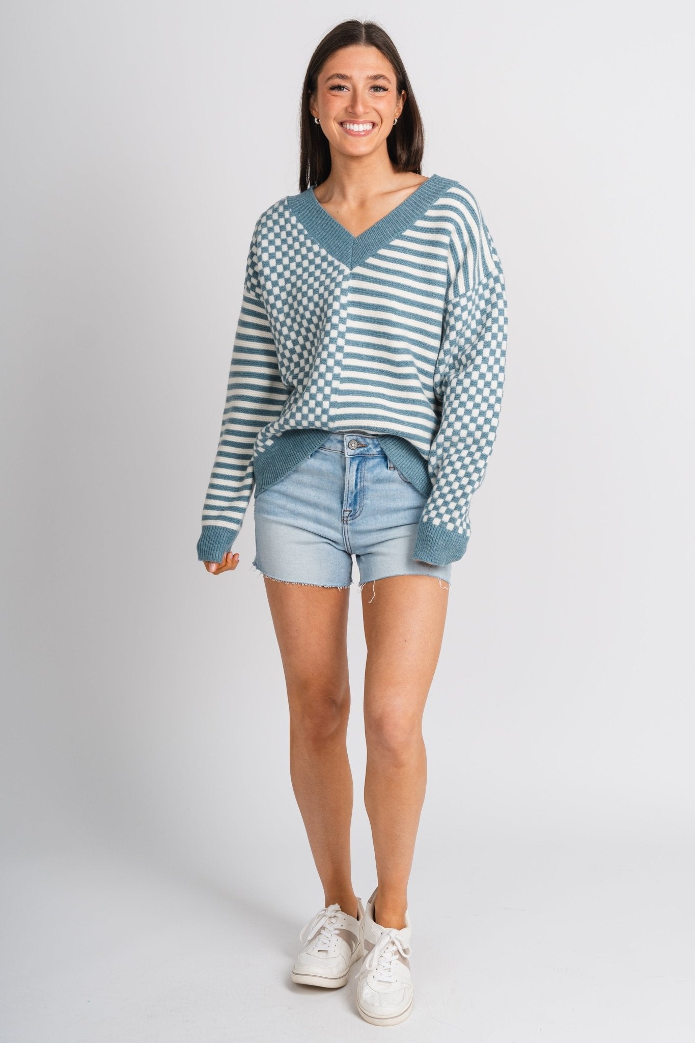 Checkered sweater ivory/blue - Trendy Sweaters | Cute Pullover Sweaters at Lush Fashion Lounge Boutique in Oklahoma City