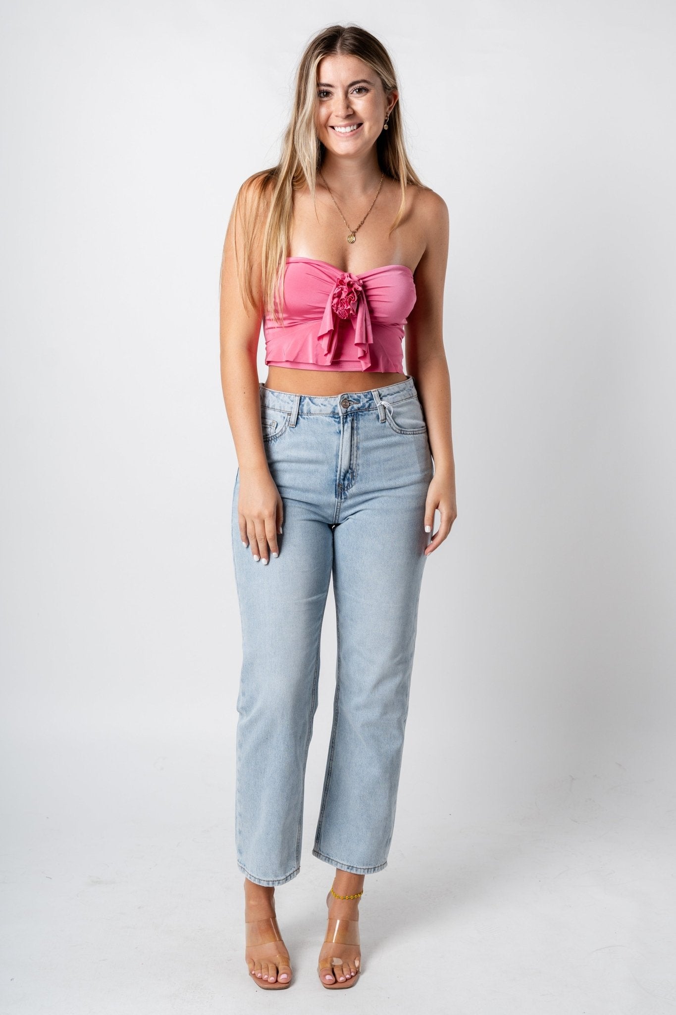 Rosette ruffle tube top candy pink - Trendy Valentine's T-Shirts at Lush Fashion Lounge Boutique in Oklahoma City