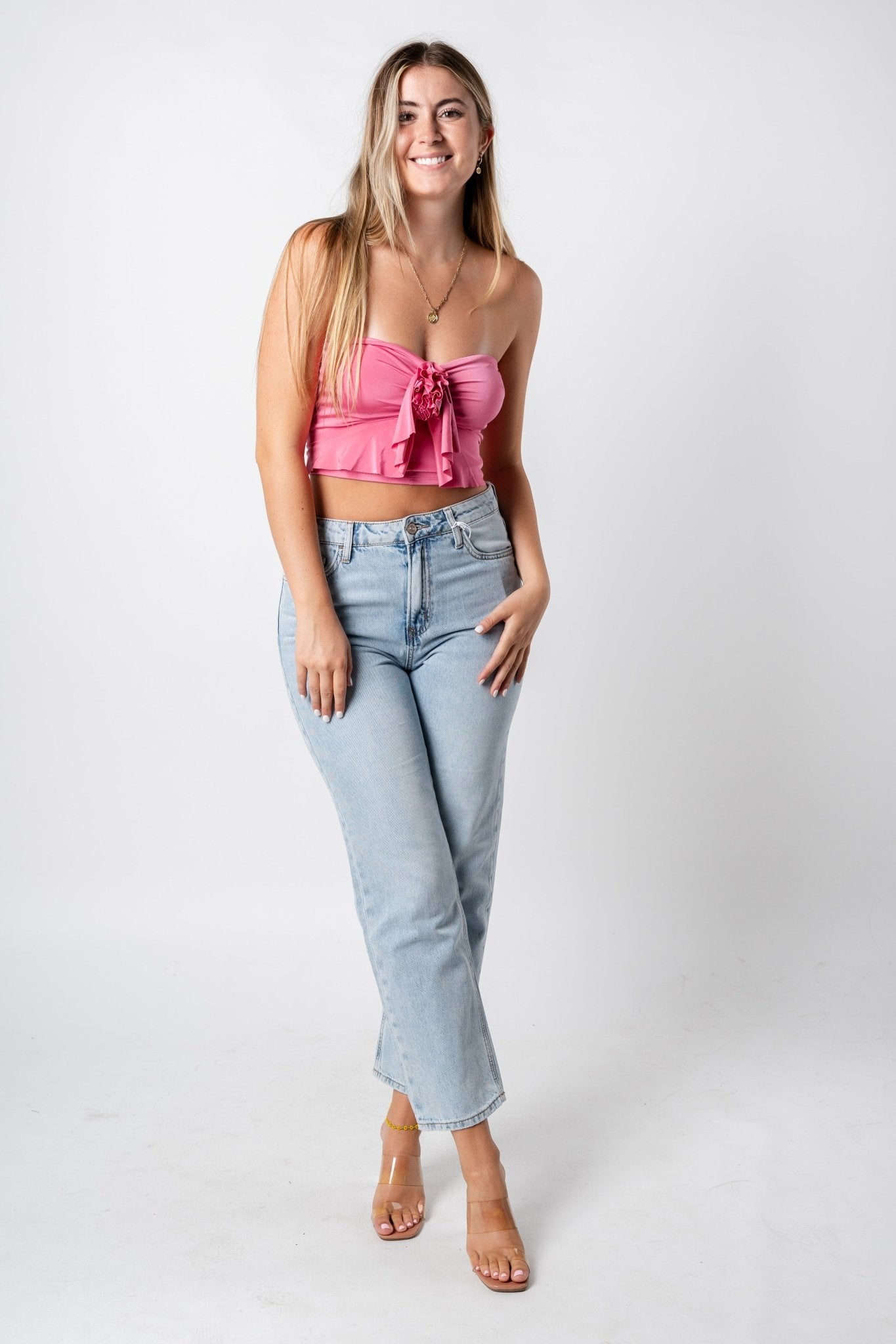 Rosette ruffle tube top candy pink - Cute Valentine's Day Outfits at Lush Fashion Lounge Boutique in Oklahoma City
