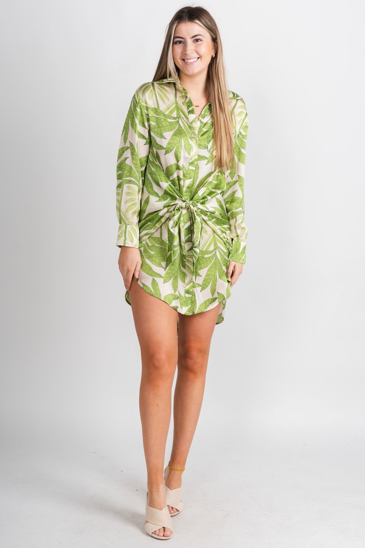 Tropical leaf tie waist dress green - Trendy dress - Cute Vacation Collection at Lush Fashion Lounge Boutique in Oklahoma City