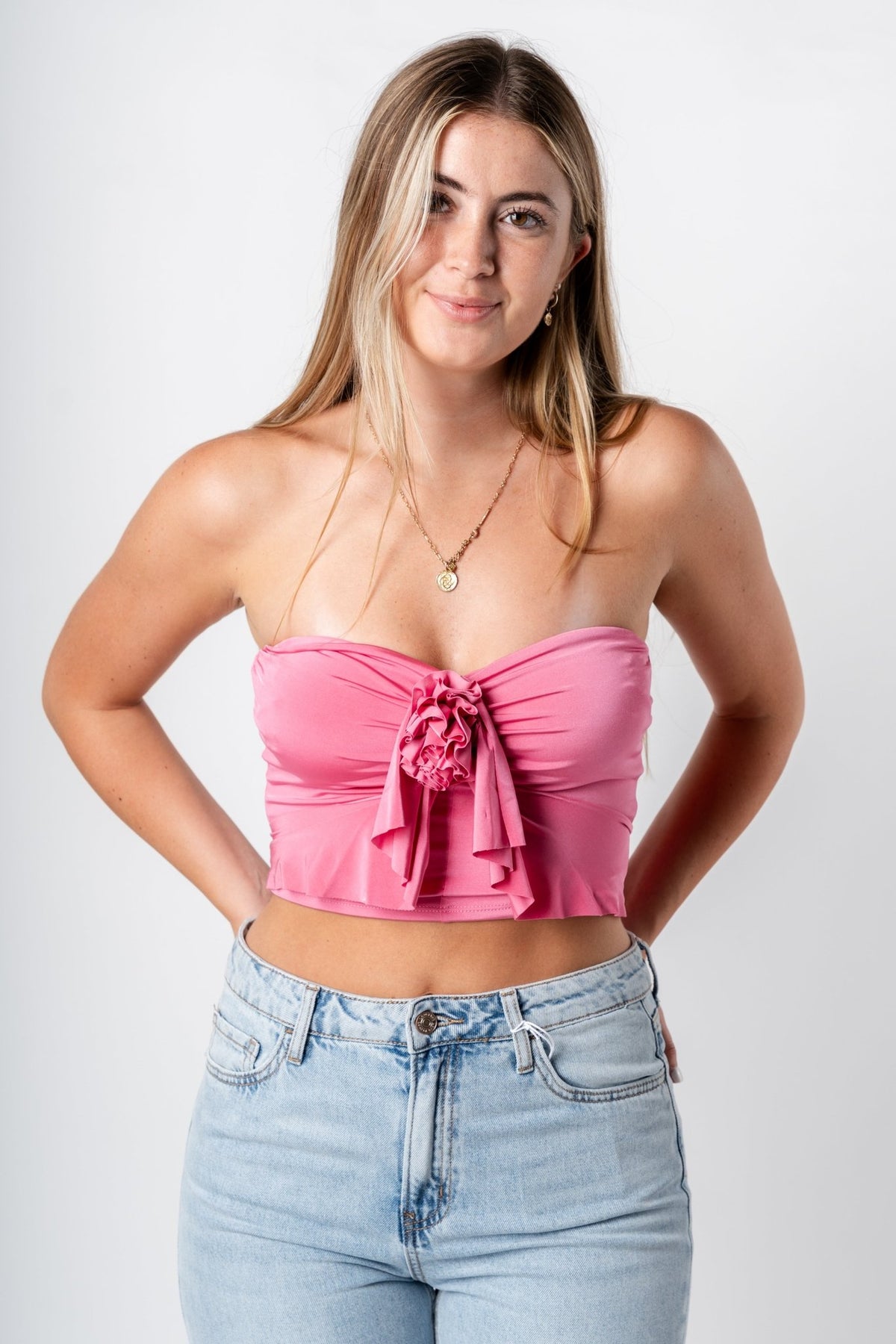 Rosette ruffle tube top candy pink - Trendy T-Shirts for Valentine's Day at Lush Fashion Lounge Boutique in Oklahoma City