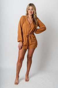 Tie waist long sleeve romper camel Stylish Romper - Womens Fashion Rompers & Pantsuits at Lush Fashion Lounge Boutique in Oklahoma City