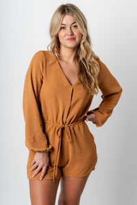 Tie waist long sleeve romper camel - Affordable Romper - Boutique Rompers & Pantsuits at Lush Fashion Lounge Boutique in Oklahoma City