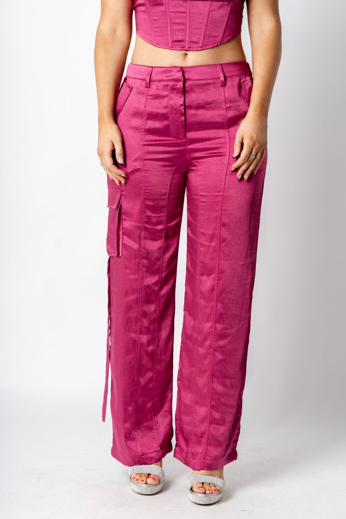 Satin wide leg cargo pants plum - Trendy Holiday Apparel at Lush Fashion Lounge Boutique in Oklahoma City