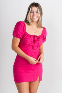 Puff sleeve mini dress fuchsia - Trendy dress - Cute Vacation Collection at Lush Fashion Lounge Boutique in Oklahoma City