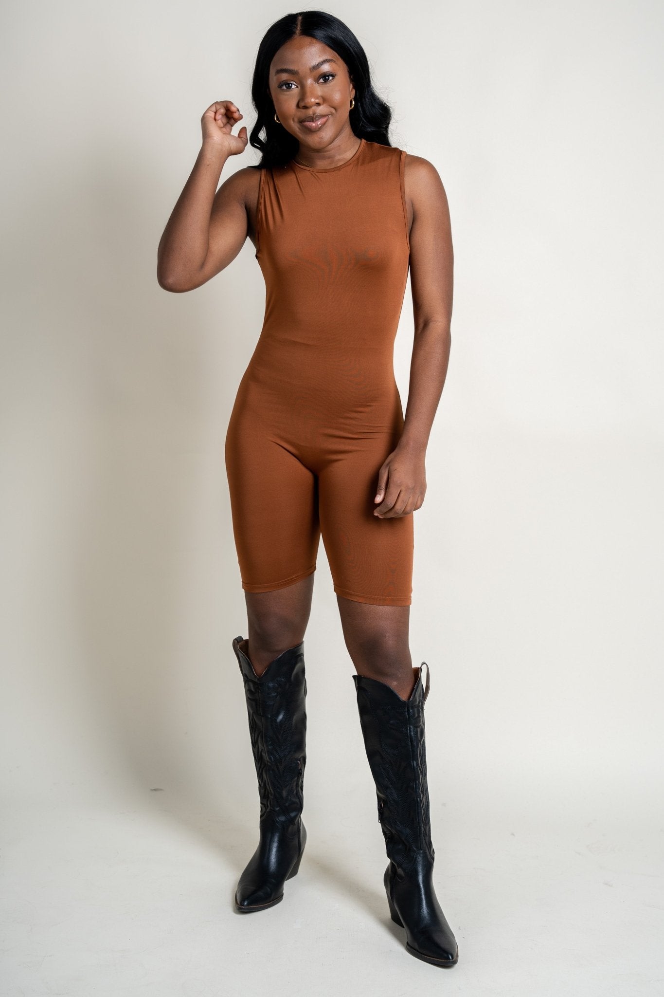 Zip back biker romper brown - Affordable Romper - Boutique Rompers & Pantsuits at Lush Fashion Lounge Boutique in Oklahoma City