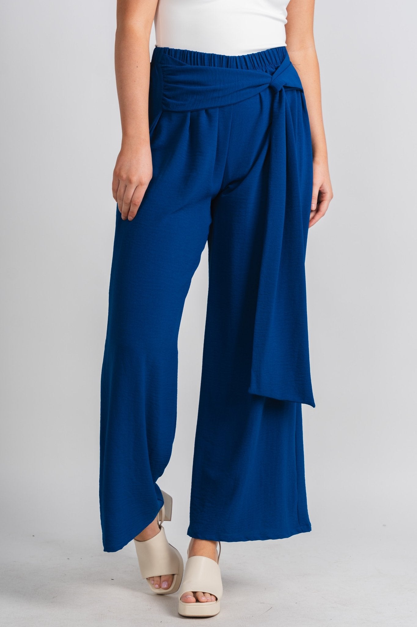 Tie waist wide leg pants royal blue - Stylish Pants - Trendy Staycation Outfits at Lush Fashion Lounge Boutique in Oklahoma City