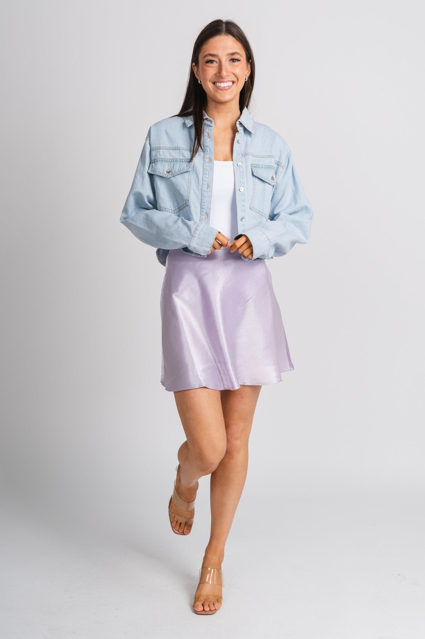 Satin flare mini skirt lavender - Cute Skirt - Trendy Easter Clothing Line at Lush Fashion Lounge Boutique in Oklahoma