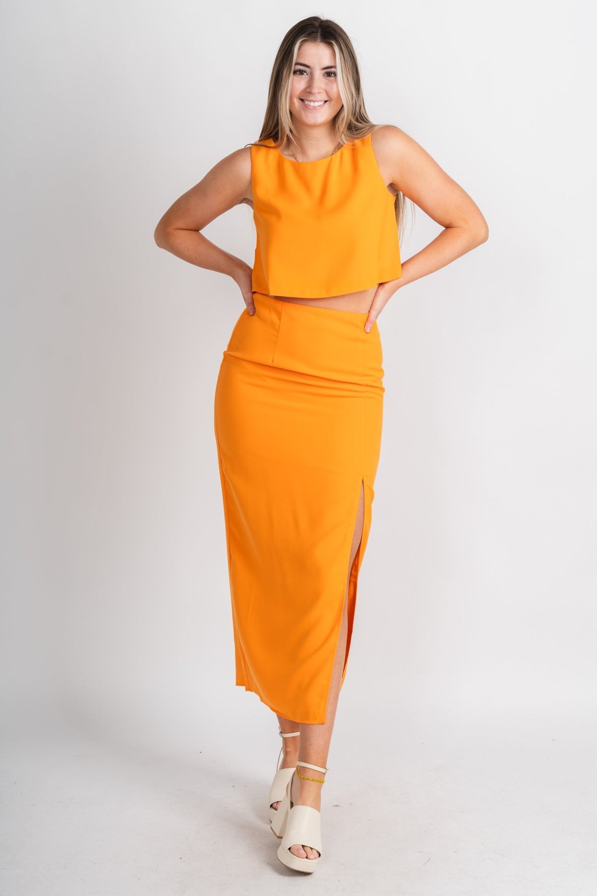 High waist midi skirt orange - Trendy Skirt - Cute Vacation Collection at Lush Fashion Lounge Boutique in Oklahoma City