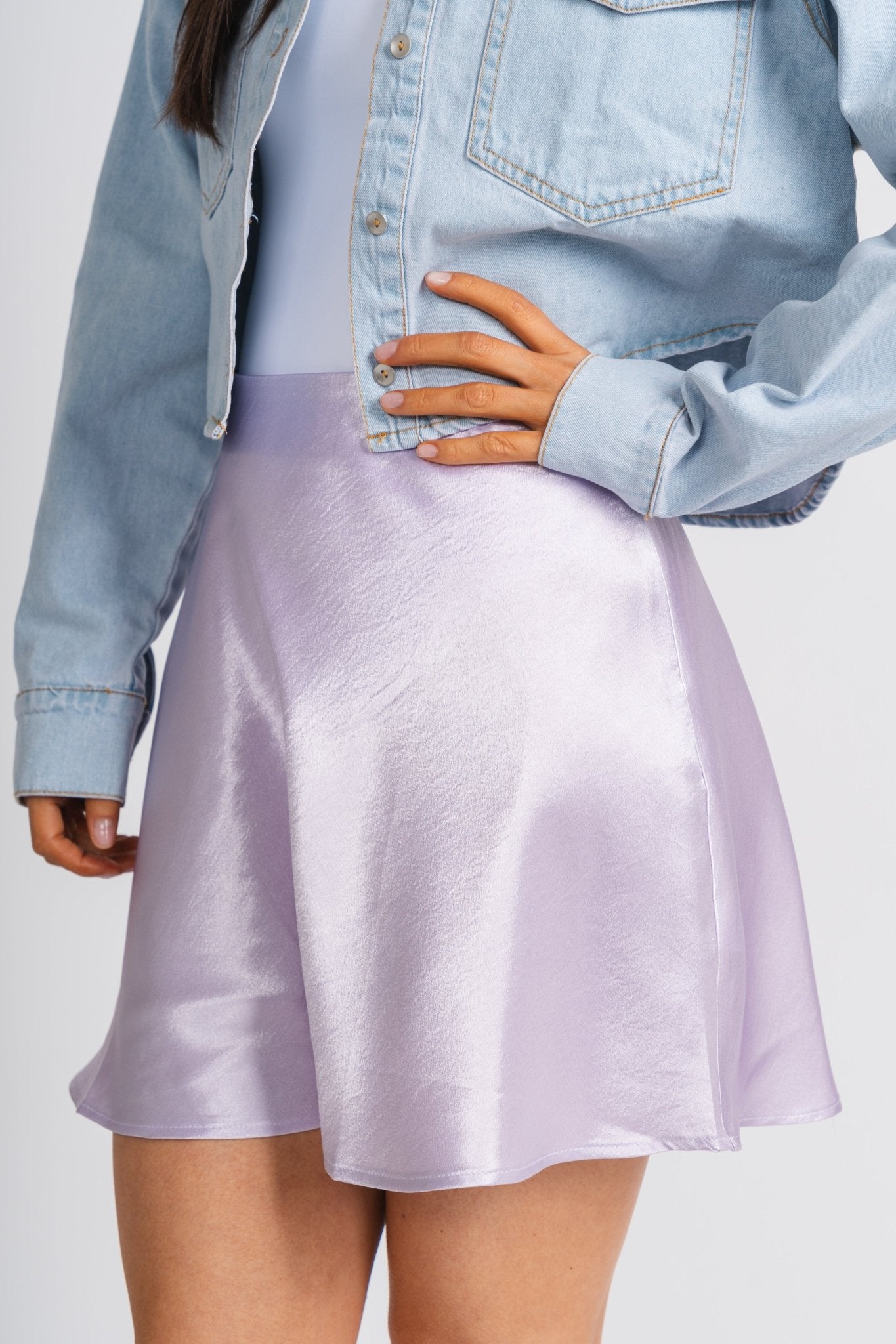 Satin flare mini skirt lavender - Trendy Skirt - Fun Easter Looks at Lush Fashion Lounge Boutique in Oklahoma