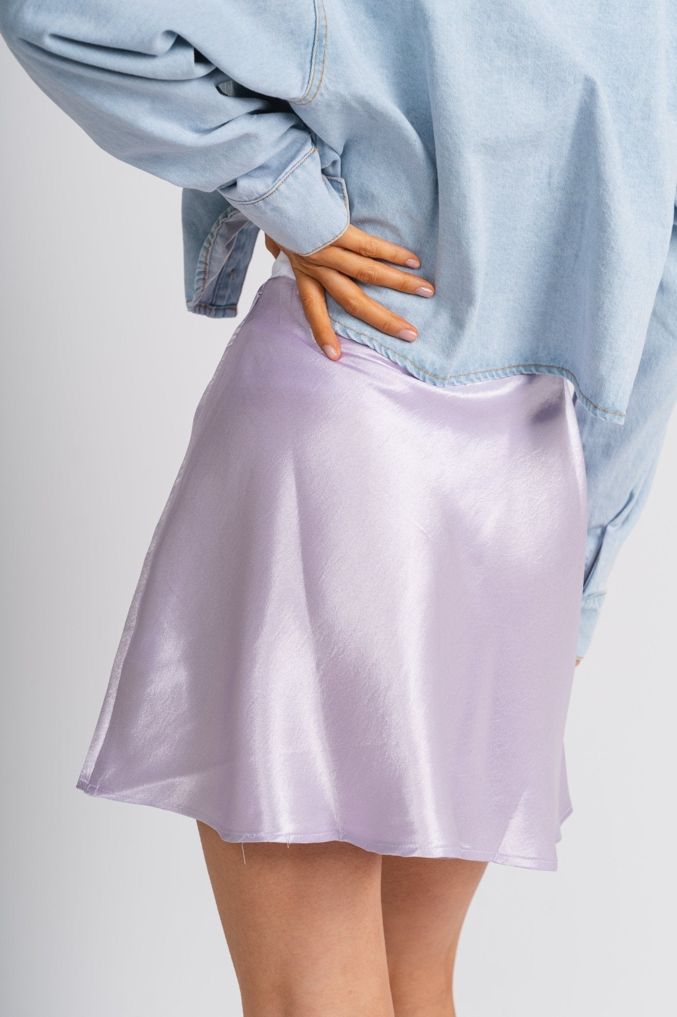 Satin flare mini skirt lavender - Affordable Skirt - Unique Easter Style at Lush Fashion Lounge Boutique in Oklahoma