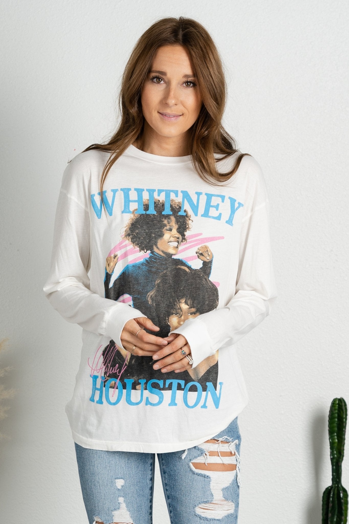 DayDreamer Whitney Houston dance long sleeve tee vintage white - Stylish Band T-Shirts and Sweatshirts at Lush Fashion Lounge Boutique in Oklahoma City