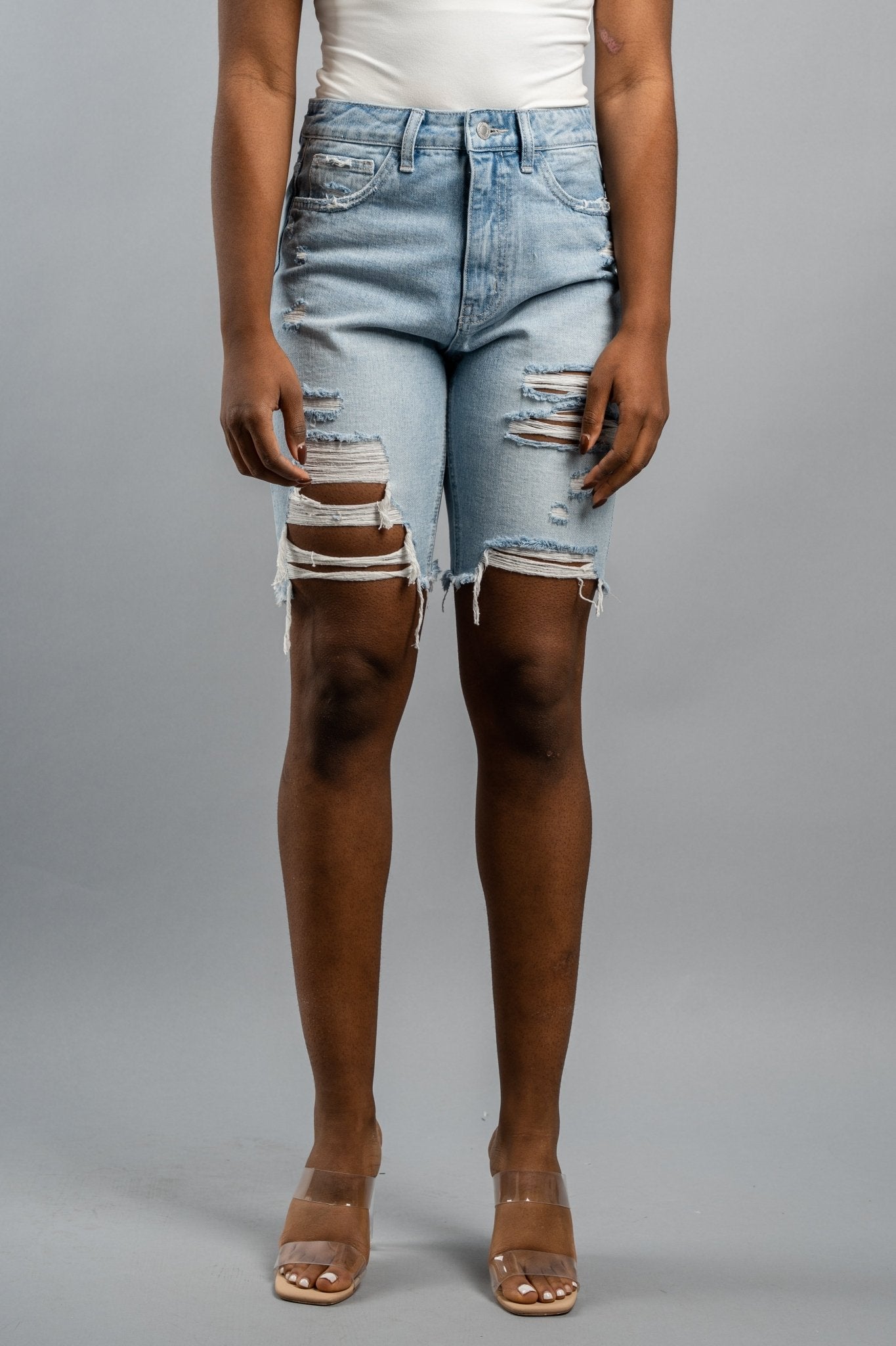 Vervet high rise distressed bermuda shorts Ledro - Stylish Shorts - Trendy Staycation Outfits at Lush Fashion Lounge Boutique in Oklahoma City