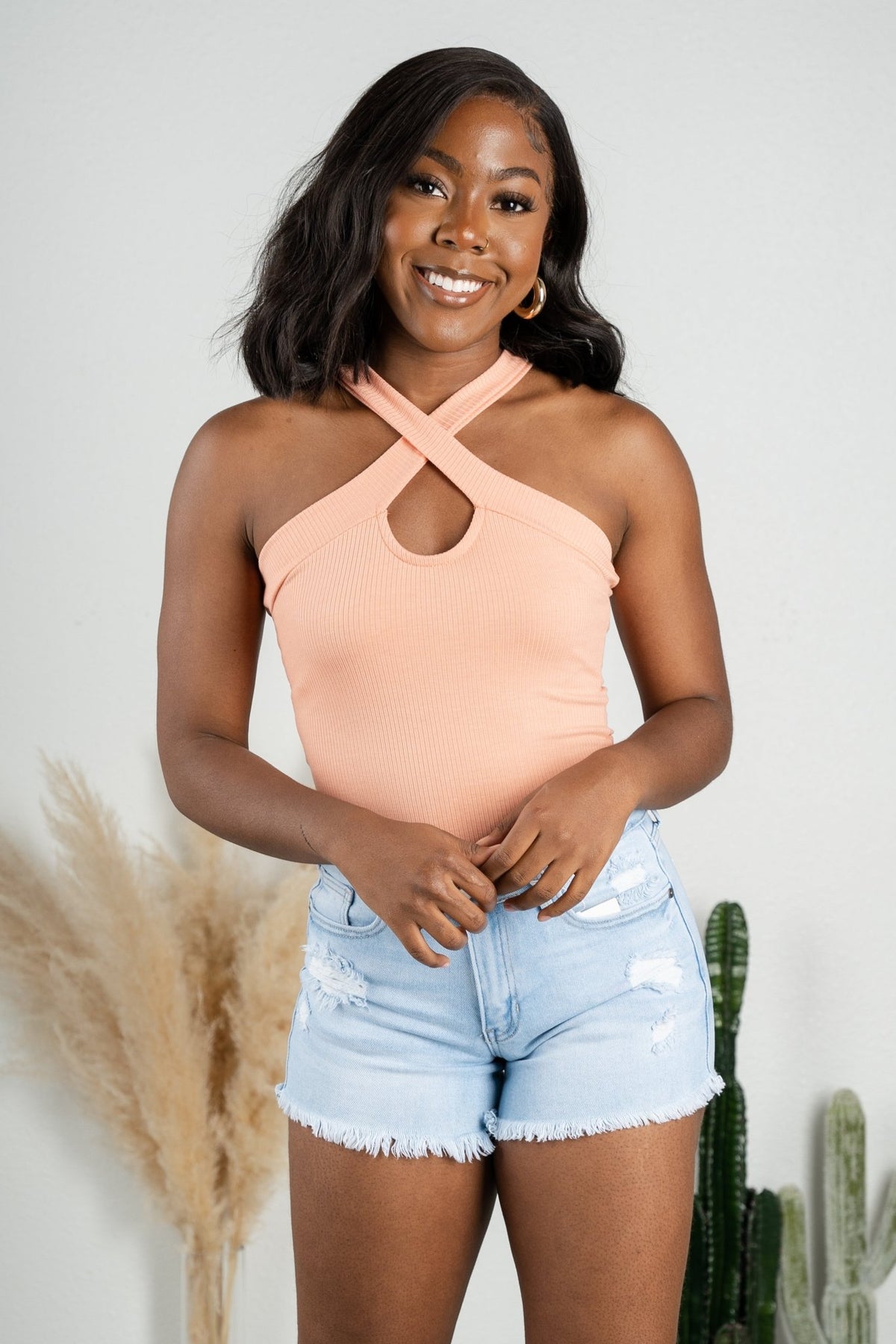 Cross neck ribbed bodysuit peach - Cute bodysuit - Trendy Bodysuits at Lush Fashion Lounge Boutique in Oklahoma City