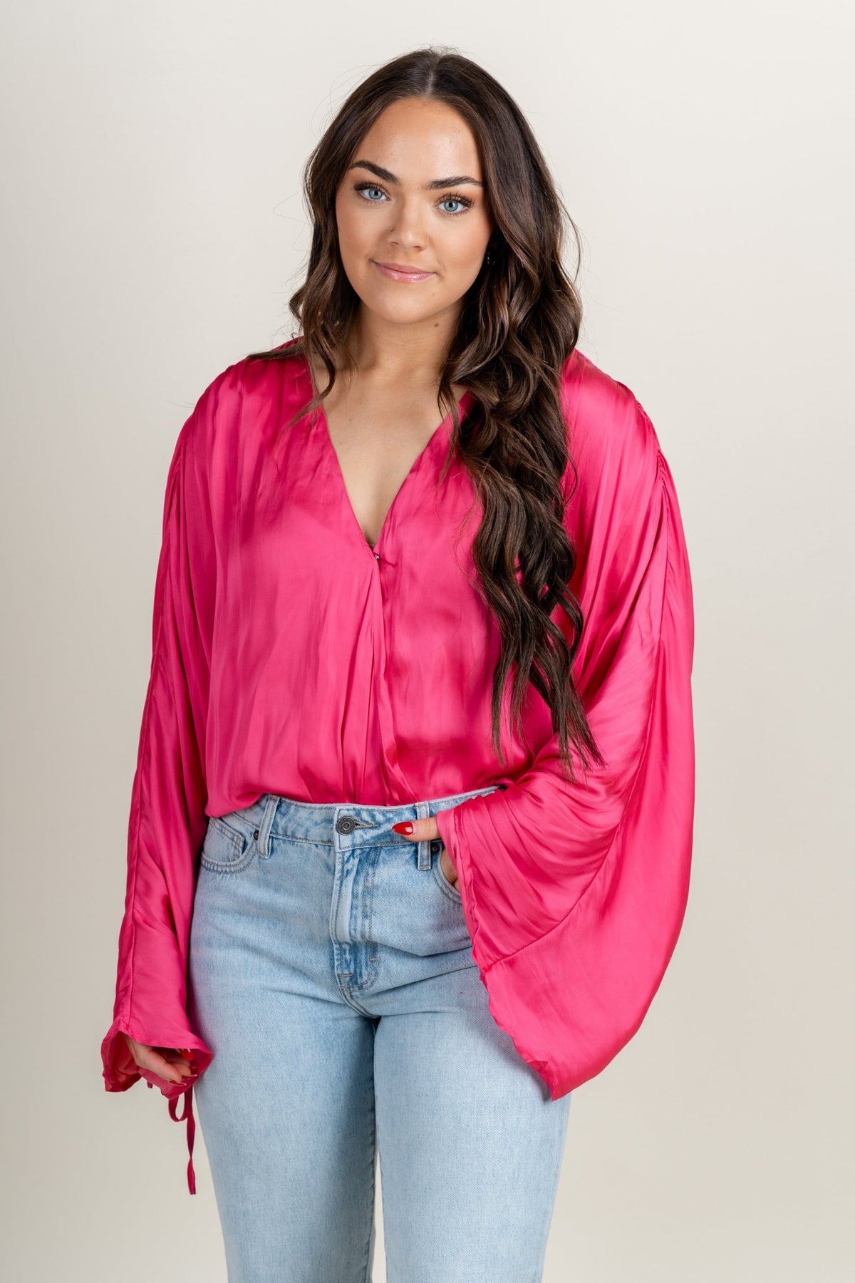 Ruched shirred bodysuit fuchsia - Trendy T-Shirts for Valentine's Day at Lush Fashion Lounge Boutique in Oklahoma City