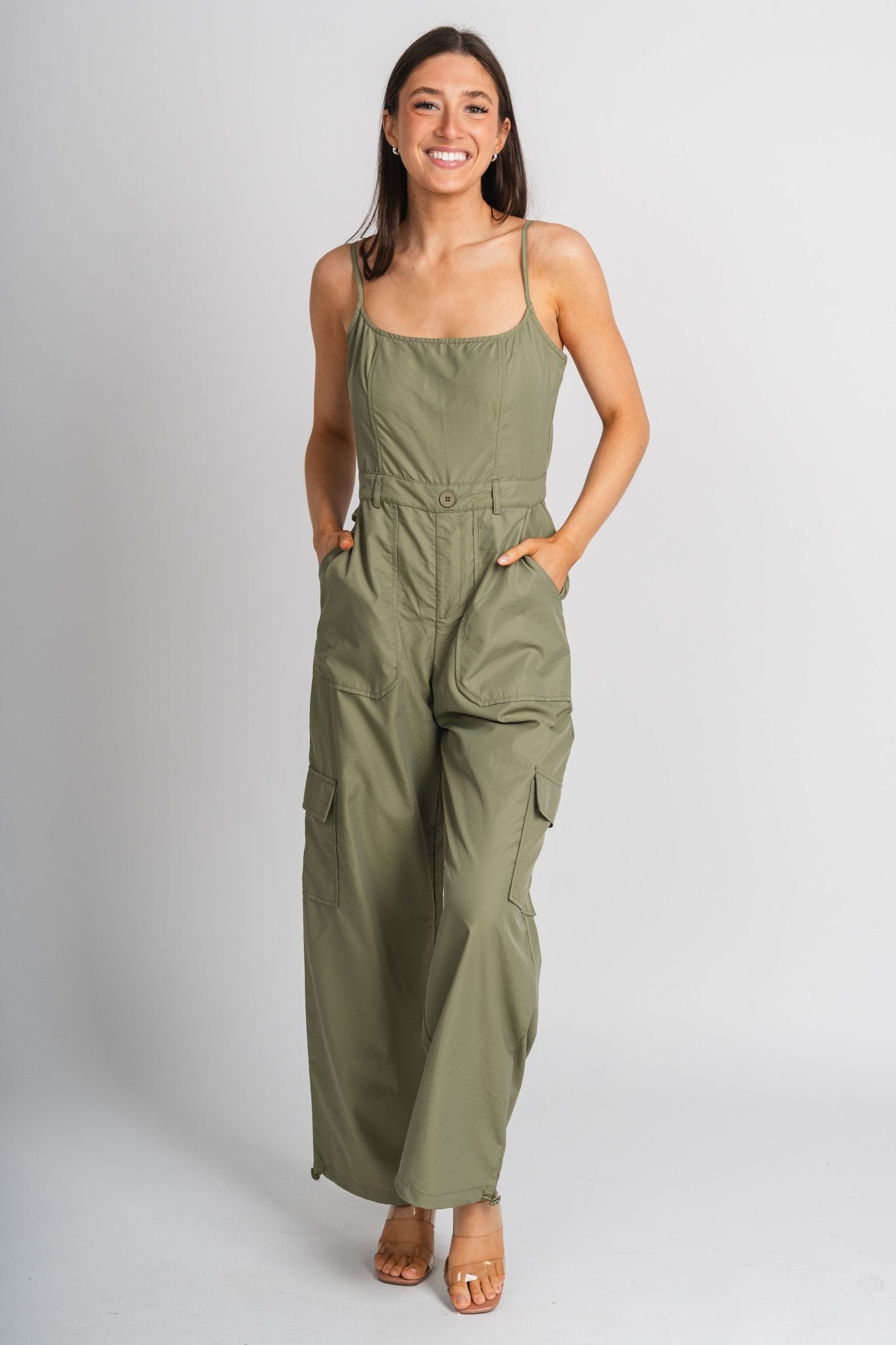 Cargo jumpsuit light olive Stylish jumpsuit - Womens Fashion Rompers & Pantsuits at Lush Fashion Lounge Boutique in Oklahoma City